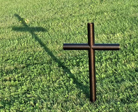 Copper Vein Everlasting Cross Outdoor Memorial. Small size 13 inch  wide by 32 inch tall is placed directly into the earth.  Shown in open end cap.  Will preserve their memory forever, built of stainless steel and baked powder coated in its finish.